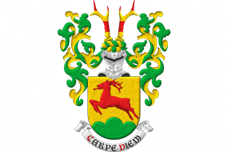 Or, a Roe deer salient Gules, in base a Trimount Vert. Crest: Upon a Helm affronty with a Wreath Or and Vert, two Roe deer's attires barry of four Gules and Or. Mantling: Vert doubled Or. Motto: «Carpe Diem».