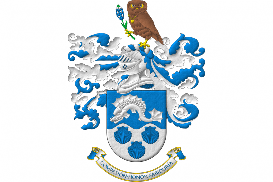 Party per fess wavy: 1 Azure, a dolphin naiant; 2 Argent, three escallops Azure. Crest: Upon a helm lined Azure with a wreath Argent and Azure, an owl Tenné, armed, beaked, membered, the eyes, and wearing a necklace with a pendant heart Or, grasping with its dexter foot a bluebonnet proper. Mantling Azure doubled Argent. Motto: «Compasión · Honor · Sabiduría» Azure, over a scroll Argent doubled Azure, fimbriated Or.