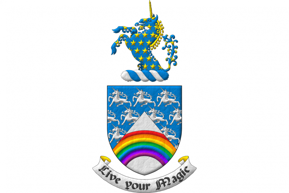 Party per chevron Azure and Argent, in chief a semy of unicorns pasant Argent and in base a rainbow throughout Proper. Crest: Upon a wreath Argent and Azure a demi-unicorn Azure, horned, crined and mullety Or. Motto: «Live your Magic».