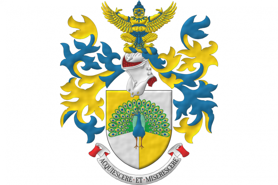 Quarterly Or and Argent, overall a peacock in his splendour proper. Crest: Upon a helm with a wreath Or and Azure, a god Garuda sejant Or, crowned and vested azure. Mantling: Azure doubled Or. Motto: «Acquiescere et Miserescere». This wording of the blazon has been rewritten by me and may differ from that of the College of Arms in his grant.