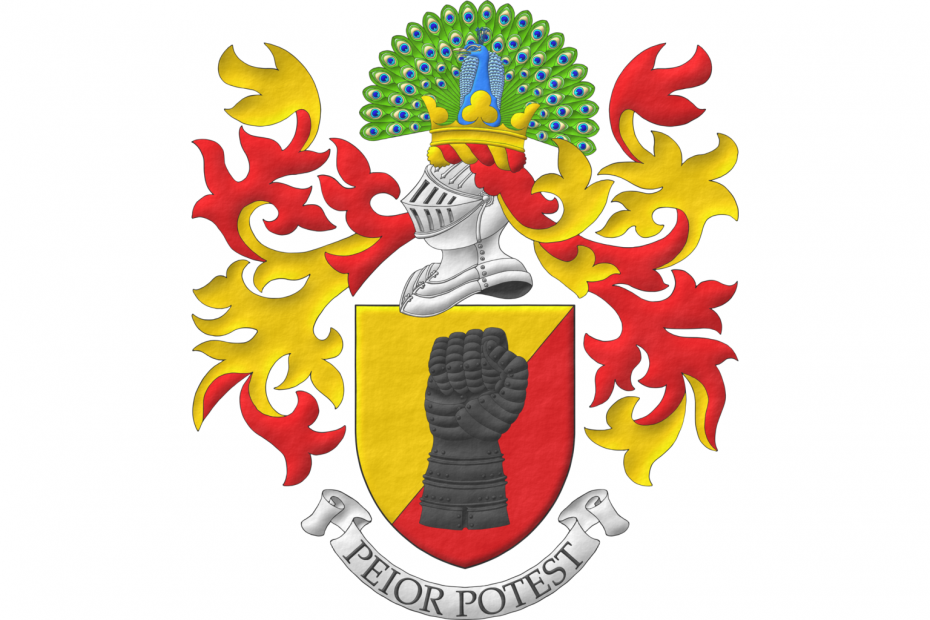 Party per bend sinister Or and Gules, a clenched gauntlet Sable. Crest: Upon a helm with a wreath Or and Gules, a peacock in his splendour proper on a coronet trefoiled Or. Mantling: Gules doubled Or. Motto: «Peior Potest».