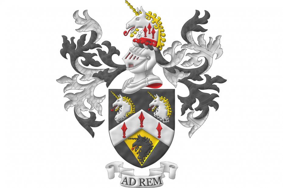 Sable, on a chevron Argent three spears' heads Gules, in chief two unicorns' heads erased Argent, horned and crined Or, langued Gules, in base on a pile of the last issuant from the chevron a unicorn head erased Sable, langued Gules. Crest: Upon a helm with a wreath Argent and Sable, a unicorn's head Argent, erased Gules, horned and crined Or, langued gules, charged upon the neck with three spears' heads cheveronwise Gules. Mantling: Sable doubled Argent. Motto: «Ad rem».