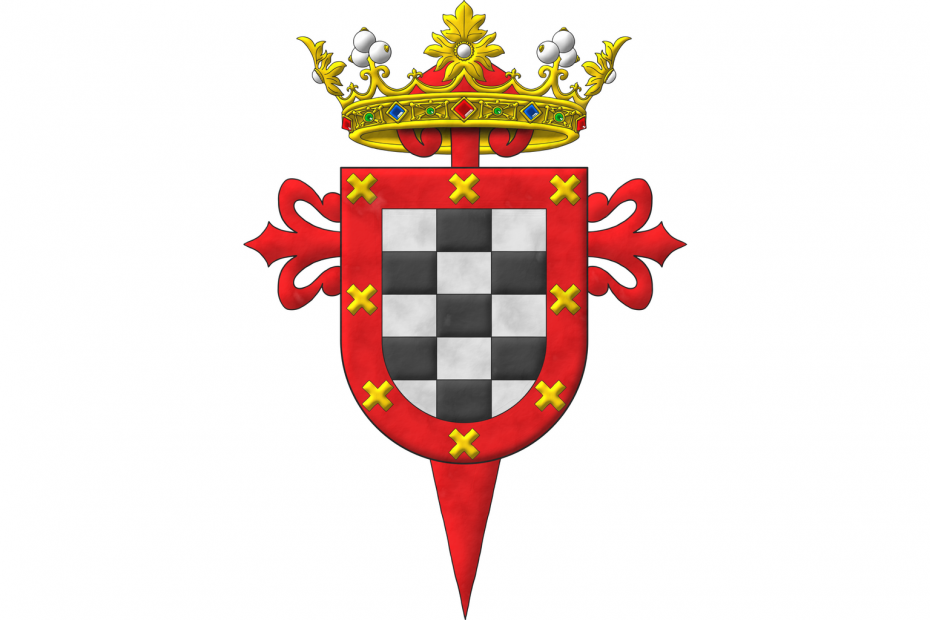 Chequey of fifteen Argent and Sable; on a bordure Gules, eight Saltires couped Or. Crest: A crown of Marquise. Behind the shield the cross of the Order of Saint James.