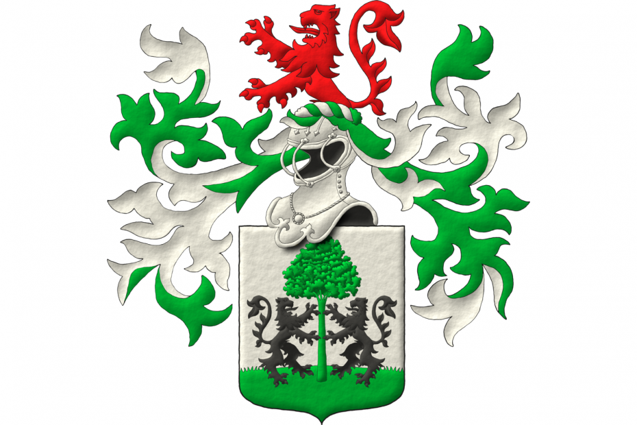 Argent, on a terrace in base a tree Vert between two lions Sable supporting it. Crest: Upon a helm with a wreath Argent and Vert, a demi-lion Gules. Mantling: Vert doubled Argent.