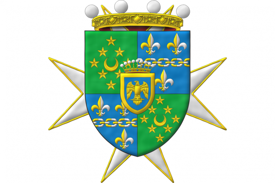 Quarterly: 1 and 4 Vert, a crescent within eight mullets in lozenge Or; 2 and 3 Azure, a chain fesswise throughout between three fleurs de lis, 2 and 1, all the links and fleurs de lis per pale Or and Argent; an inescutcheon Azure, bearing a crown of count, charged with an eagle displayed within a bordure Or. Crest: A crown of Baron. Behind the shield the cross of a Knight of Justice of the Most Venerable Order of the Hospital of Saint John of Jerusalem.