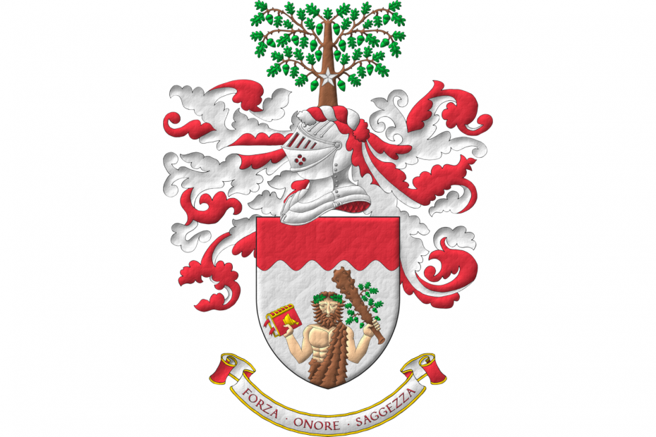 Argent, issuant from base a demi-savage Carnation, crined, bearded and vested Tenné, wreathed of leaves Vert, holding in his dexter a close book, bookmarked Gules, garnished, on its cover a mortar with pestle Or, in his sinister an oak club Tenné, leaved and fructed Vert; a chief wavy Gules. Crest: Upon a helm lined Gules with a wreath Argent and Gules, an oak couped Tenné, leaved and fructed Vert, its trunk charged with a mullet Argent. Mantling: Gules doubled Argent. Motto: «Forza · Onore · Saggezza» Gules, over a scroll Argent doubled Gules.