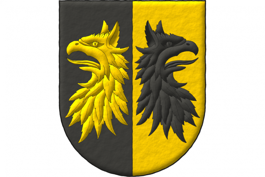 Party per pale Sable and Or, two griffins' heads eraticted, and addorsed counterchanged.