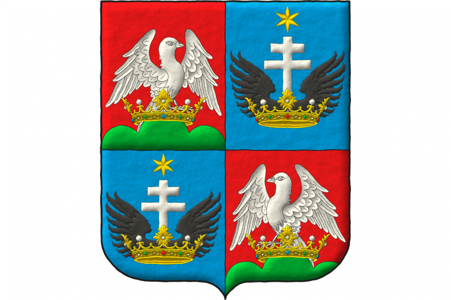 Quarterly: 1 Gules, a dove rising, facing sinister Argent issuant from a trimount in base Vert, crowned proper; 2 and 3 Azure, a cross of Lorraine Argent between a pair of wings Sable issuant from a crown proper, in chief a mullet of six points Or; 4 Gules, a dove rising Argent issuant from a trimount in base Vert, crowned proper.