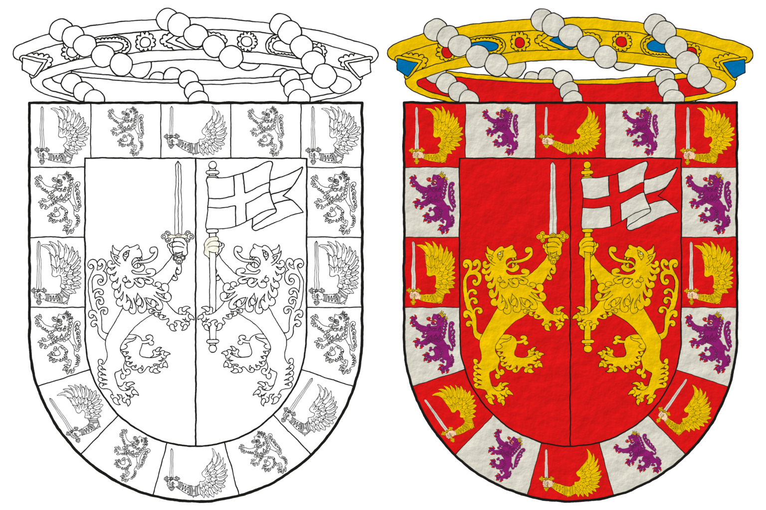 Coat of arms of Emanuele Di Culcasi, Italy, emblazoned by my under the directions of Alfonso Ceballos-Escalera Gila, Cronista de Armas de Castilla y León. The image shows the evolution of my artwork in 2 stages outlined, and plain tinctures.