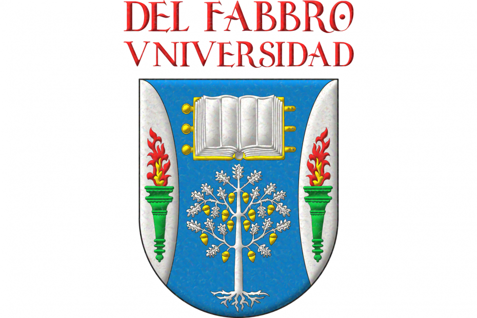 Azure, in chief an open book Argent, garnished Or, in base an oak tree eradicated Argent, fructed Or, between two flanches Argent charged each with a torch Vert, enflamed proper. Motto above the arms: «Del Fabro Universidad» Gules.