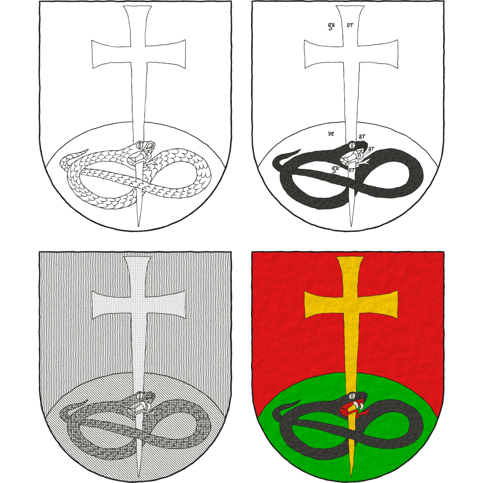 Gules, a base enarched Vert, overall a cross patty fitchy Or, piercing in base the head of a serpent nowed and facing sinister Sable, langued Gules.