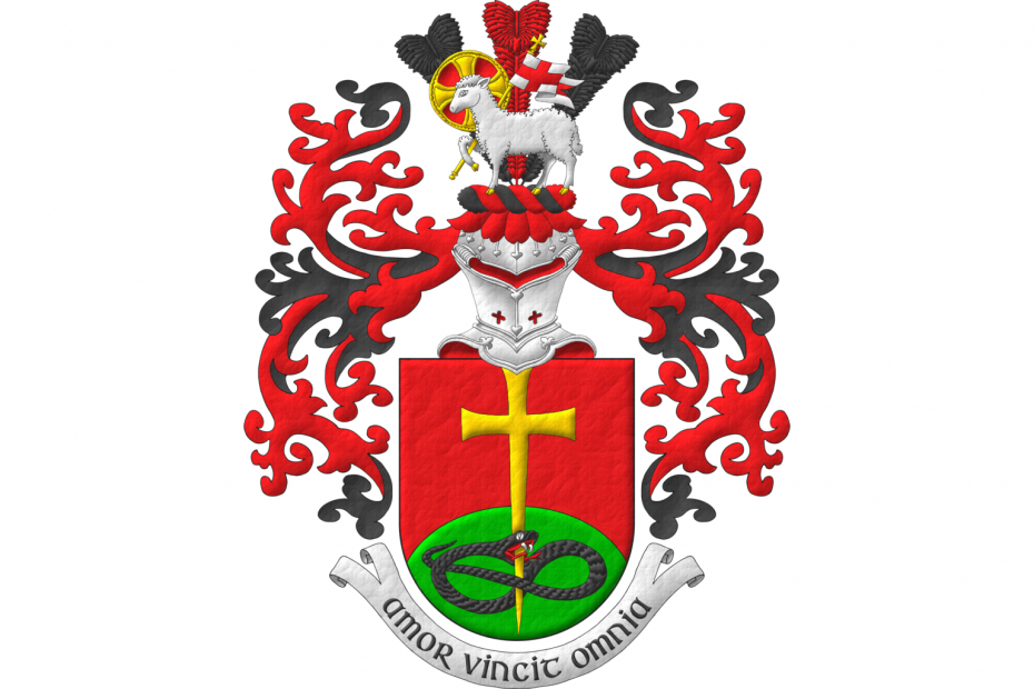 Blazon: Gules, a base enarched Vert, overall a cross patty fitchy Or, piercing in base the head of a serpent nowed and facing sinister Sable. Crest: Upon a helm affronty, with a wreath Sable and Gules, in a front of three ostrich feathers alternately Sable and Gules a paschal lamb Argent, haloed Or and Gules, supporting a staff Or, flying a banner Argent charged with a cross Gules. Mantling: Gules doubled Sable. Motto: "Amor vincit omnia"