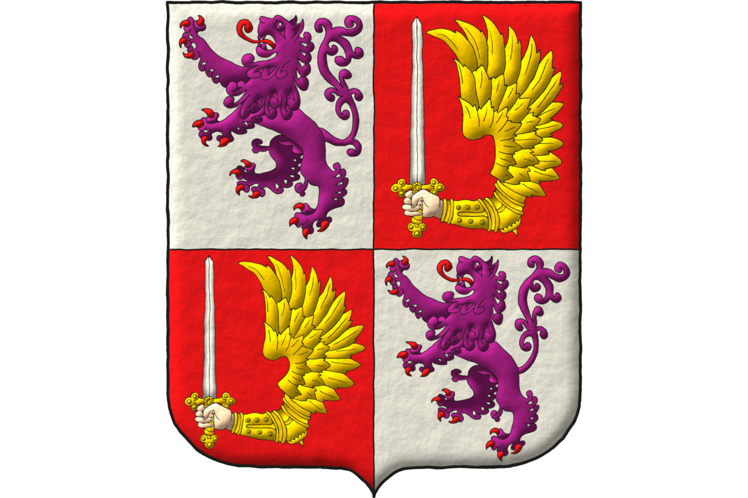 Quarterly: 1 and 4 Argent, a lion rampant Purpure, armed and langued Gules; 2 and 3 Gules, a hand Carnation, vambraced and windged Or, holding a sword Argent, hilted Or.