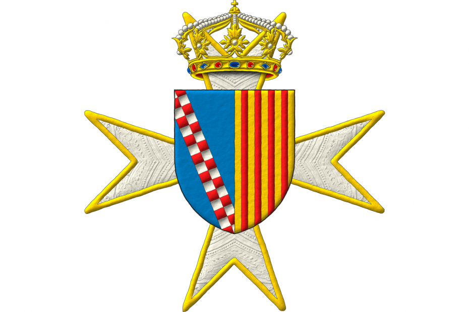 Party per pale: 1 Azure, a bend chequey Argent and Gules; 2 Or, four pallets Gules. Crest: A closed royal crown. Behind the shield an eight-pointed cross patty Argent, fimbriated Or.