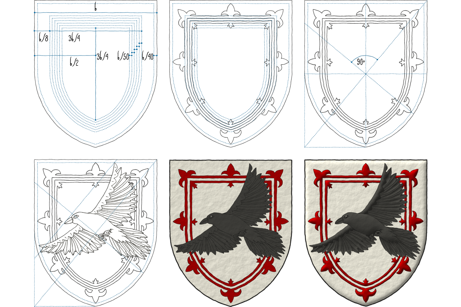 These are the arms of Alton Thompson of the family Josserand de Bourgogne emblazoned by me in 6 steps: 1, 2) structure and delineation of the double tressure, 3, 4) structure and delineation of the Corvus corax trian volant, 5) plain tincture, and 6) lights and shadows. Blazon: Argent, a double tressure flory Sanguine, overall a Corvus corax trian volant proper.