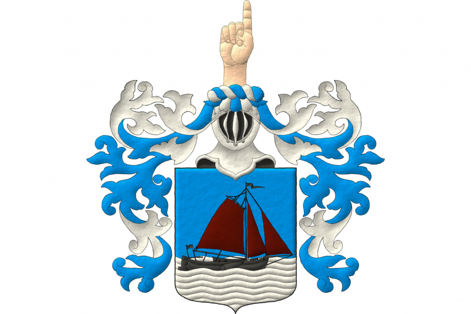 Azure, a Turftjalk ship sailing to sinister proper on waves of the sea Argent. Crest: Upon helm affronty, barred Argent, lined Sable, with a wreath Argent and Azure, a dexter hand couped proper pointing upwards. Mantling: Azure doubled Argent.