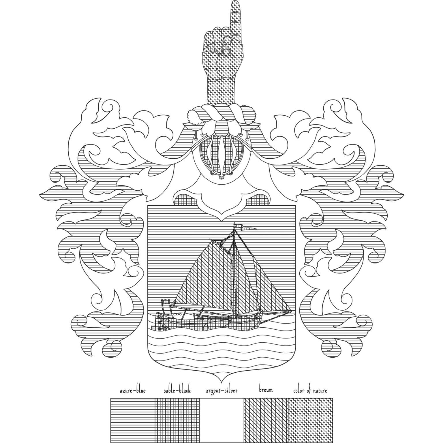 Azure, a Turftjalk ship sailing to sinister proper on waves of the sea Argent. Crest: Upon helm affronty, barred  Argent, lined Sable, with a wreath Argent and Azure, a dexter hand couped proper pointing upwards. Mantling: Azure doubled Argent.
