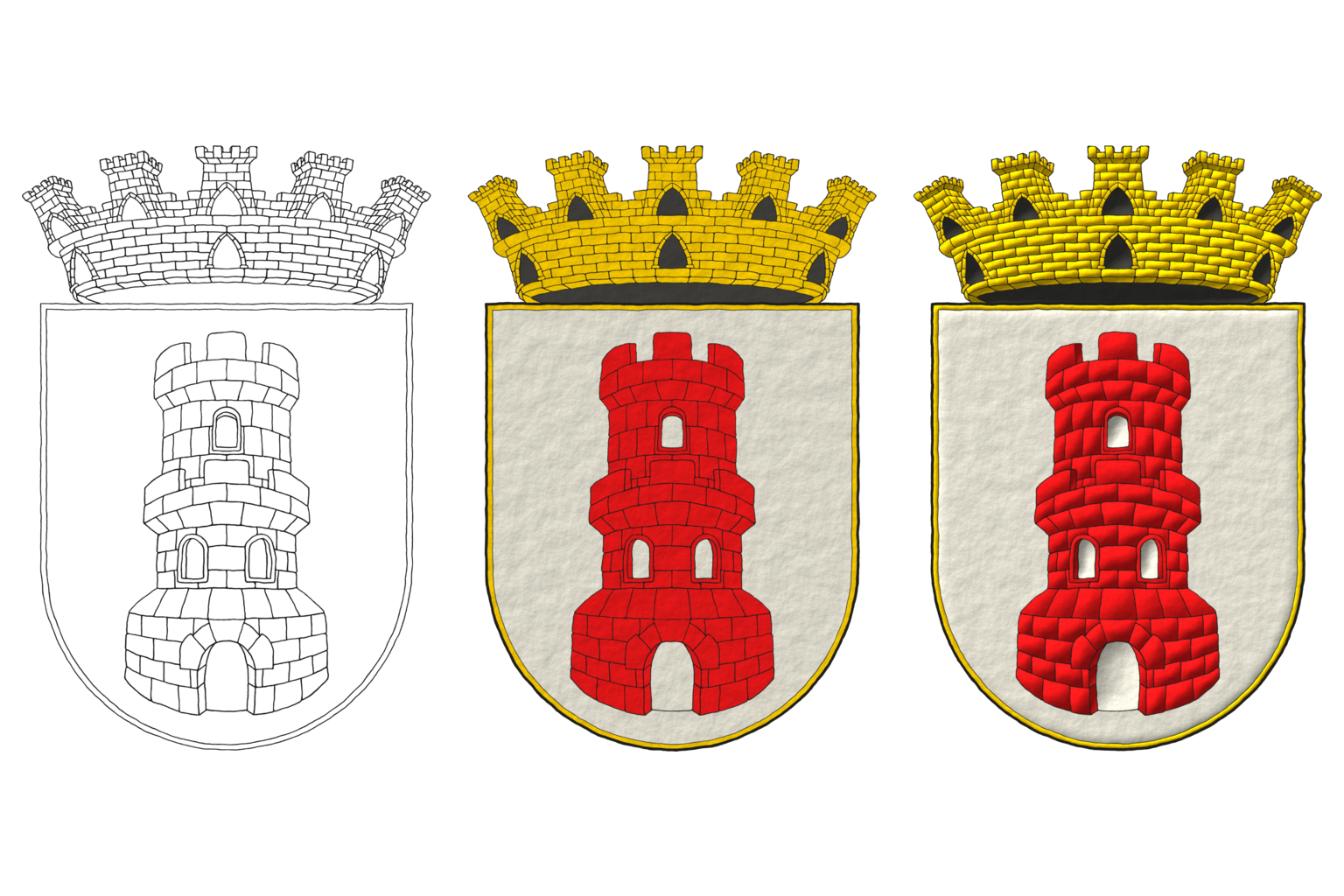 Argent, a tower with a turret Gules, port and windows Argent. Crest: A mural crown Or.
