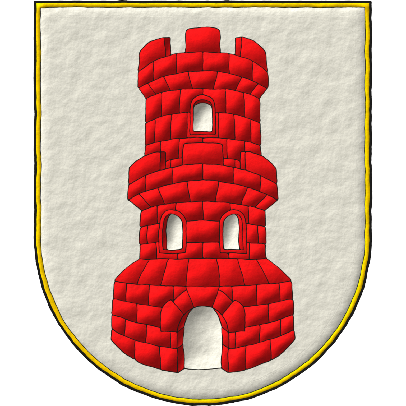 Argent, a tower with a turret Gules, port and windows Argent.