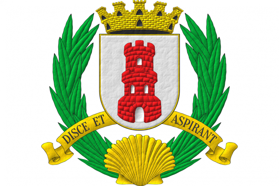 Argent, a tower with a turret Gules, port and windows Argent. Crest: A mural crown Or. Supporters: Two palm branches Vert, issuant from an escallop Or. Motto: On a scroll Or, «Disce et Aspirant» Sable.