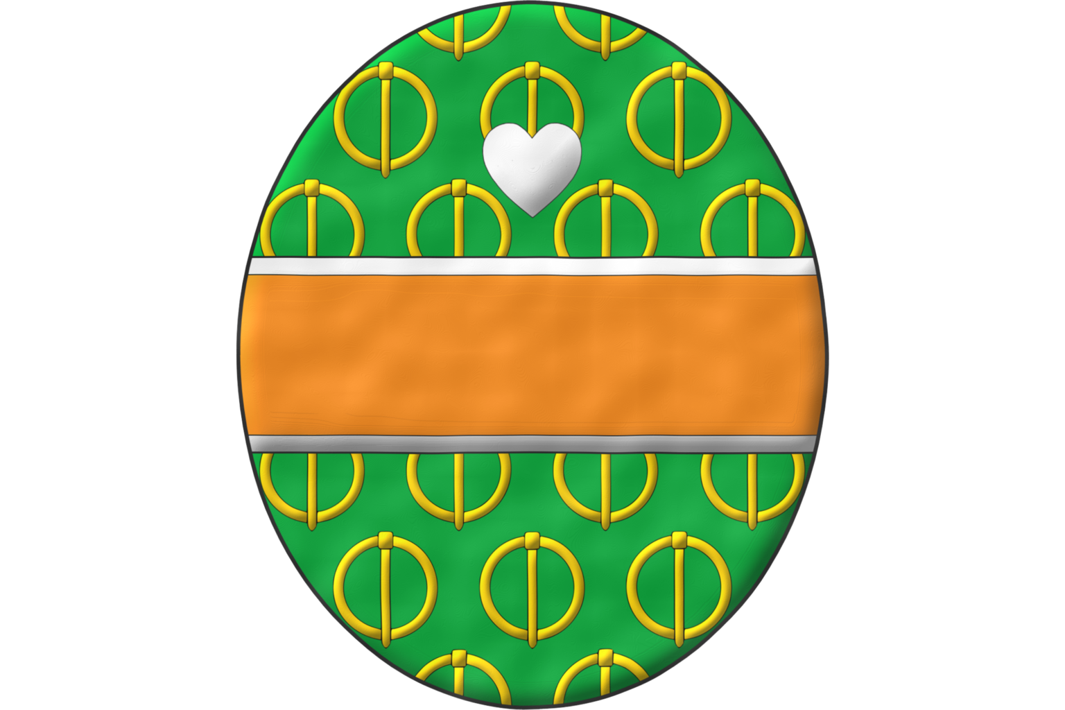 Vert semé of buckles points downward Or, a fess Tenné, fimbriated Argent; a heart Argent for difference.