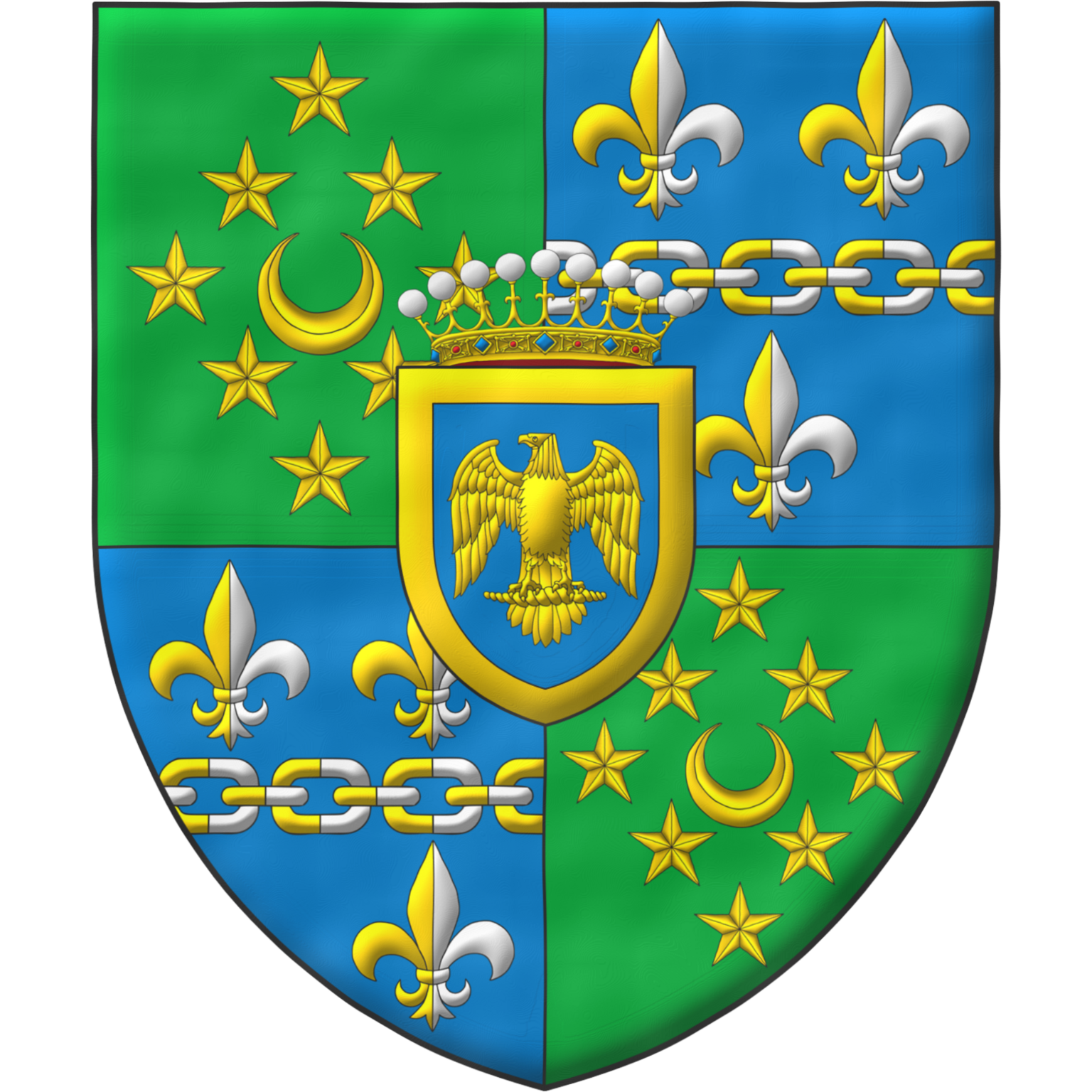 Quarterly: 1 and 4 Vert, a crescent within eight mullets in lozenge Or; 2 and 3 Azure, a chain fesswise throughout between three fleurs de lis, 2 and 1, all the links and fleurs de lis per pale Or and Argent; an inescutcheon Azure, bearing a crown of count, charged with an eagle displayed within a bordure Or.
