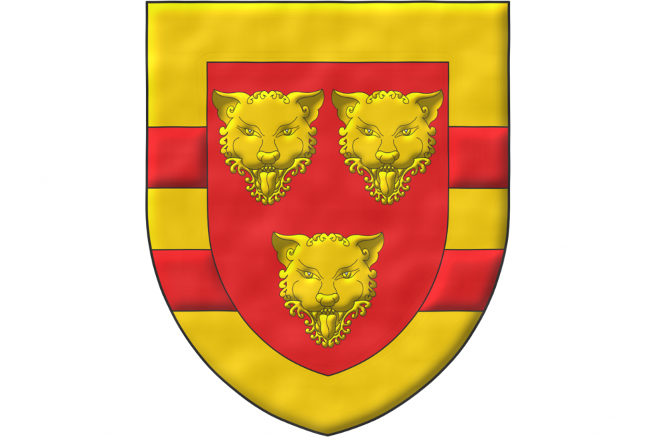 Gules, three leopards' faces Or; a bordure Or with two bars Gules.
