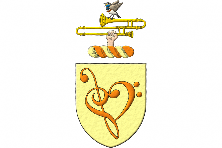 Or, a treble clef inverted and a base clef conjoined fesswise Tenné. Crest: Upon a wreath Or and Tenné a bluethroat (Luscinia svecica) perched upon a trombone grasped by a dexter hand proper.