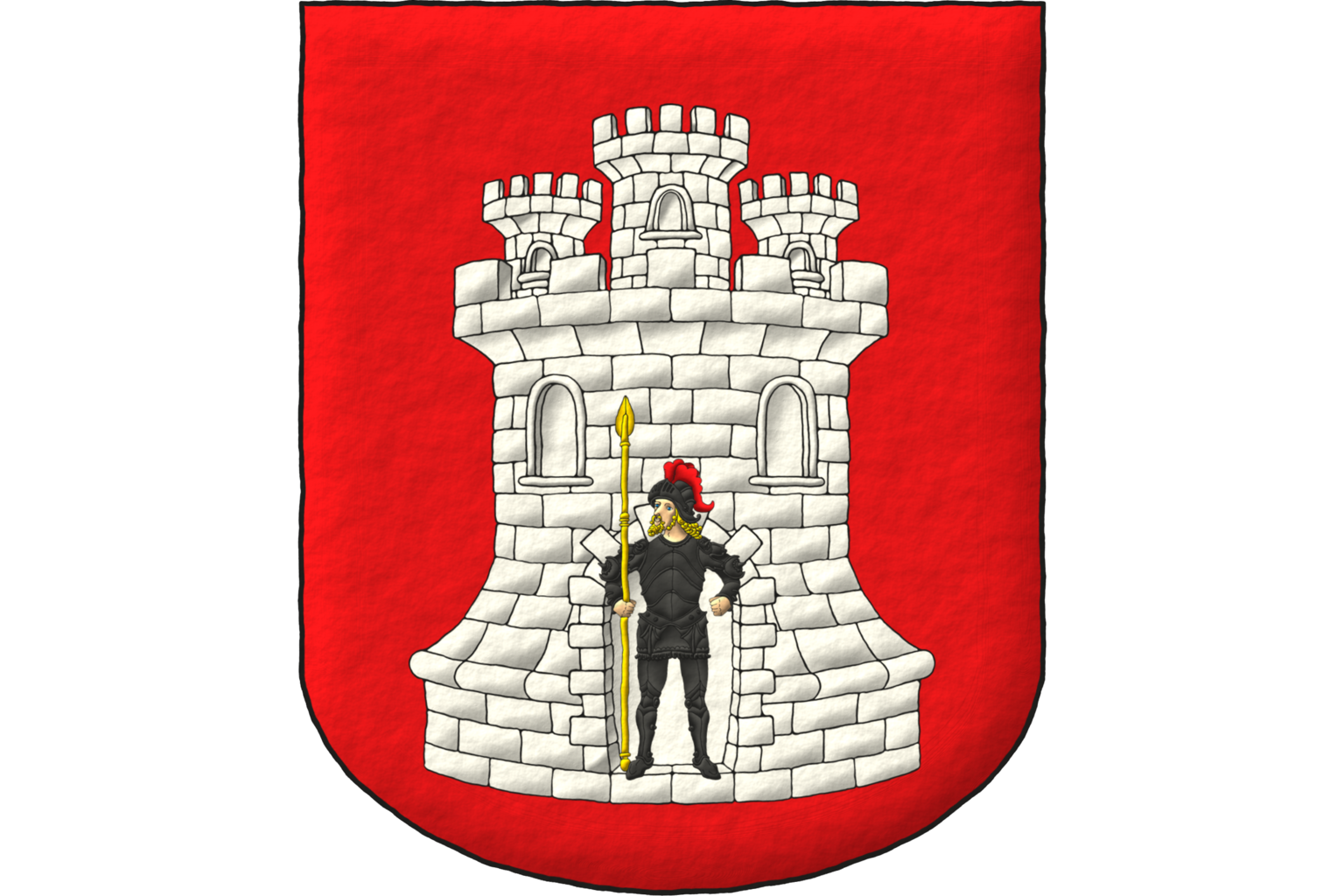 Gules, a castle triple-towered Argent, masoned Sable, charged on its port with a knight affronty, looking to dexter Carnation, armored Sable, crined and bearded Or, the eyes Azure, grasping in his dexter hand a spear point upwards Or.
