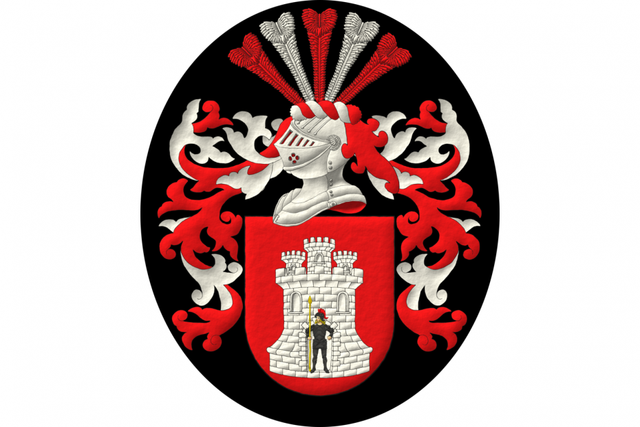 Gules, a castle triple-towered Argent, masoned Sable, charged on its port with a knight affronty, looking to dexter Carnation, armored Sable, crined and bearded Or, the eyes Azure, grasping in his dexter hand a spear point upwards Or. Crest: Upon a helm lined Gules, with a wreath Argent and Gules, five ostrich feathers, alternately Gules and Argent. Mantling: Gules doubled Argent.