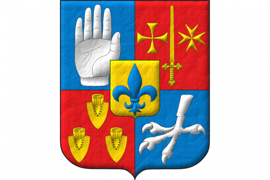 Quarterly: 1 Azure, a dexter hand appaumée Argent; 2 Gules, a sword upwards between, in the dexter, a cross patty, and, in the sinister, a Maltese cross Or; 3 Gules, three plowshares affronty, downwards, and disordered Or; 4 Azure, an eagle claw, couped, downwards Argent; an inescutcheon Or charged with a fleur de lis Azure.