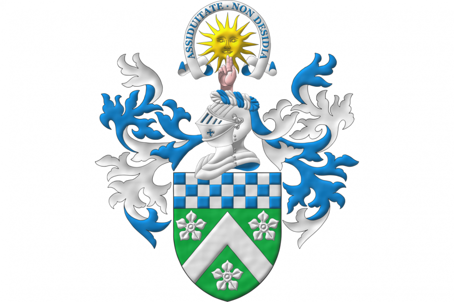 Vert, a chevron between three cinquefoils Argent, a chief chequey Azure and Argent. Crest: Upon a helm with a wreath Argent and Azure, a sun in splendour Or behind a hand in benediction proper. Mantling: Azure doubled Argent. Motto above the crest: «Assiduitate non desidia».
