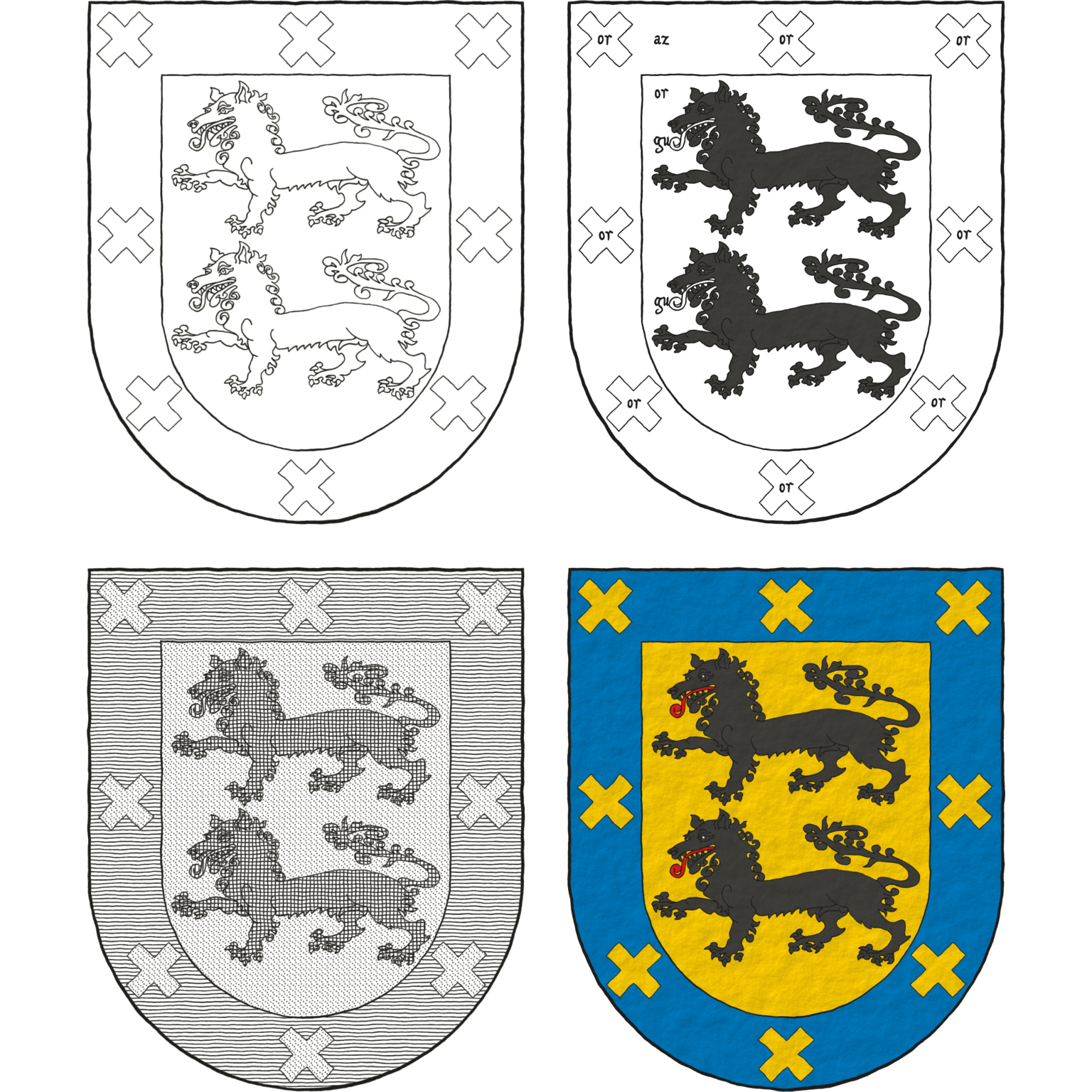 Or, two wolves passant, in pale Sable, langued Gules; on a bordure Azure, eight saltires couped Or.