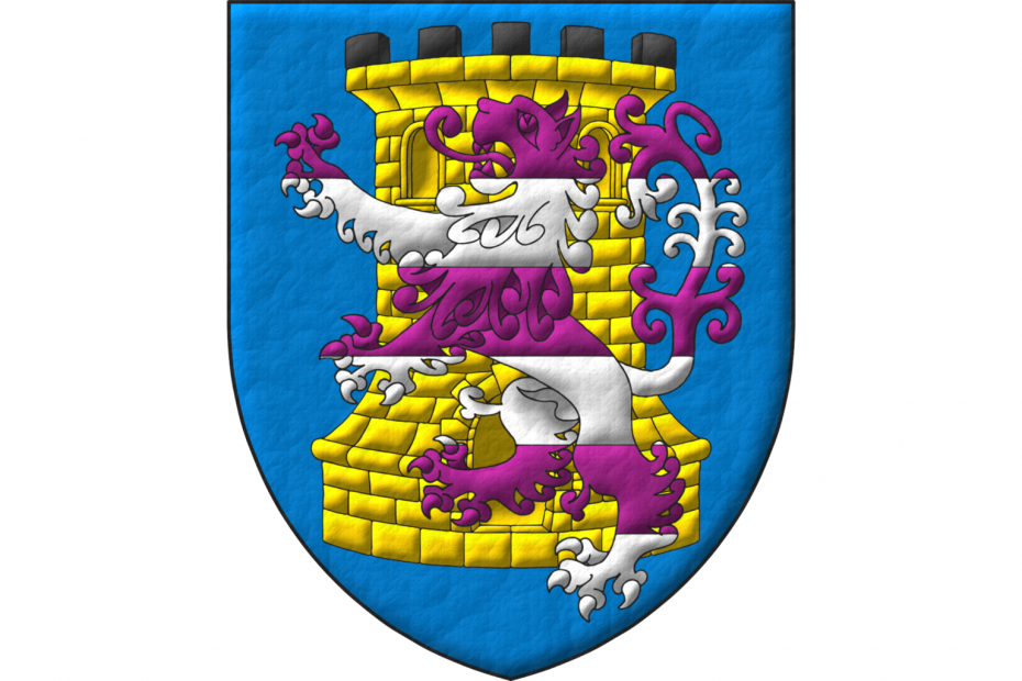 Azure, a tower Or, embattled and masoned Sable, overall a lion rampant barry Purpure and Argent.