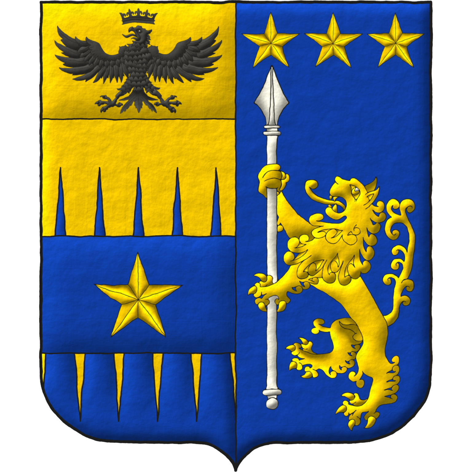 Party per pale: 1 per fess indented perlong Or and Azure overall on a fess Azure a mullet Or, and on a chief cousu Or an eagle displayed ensigned of a crown Sable; 2 Azure a lion rampant Or supporting a lance palewise Argent, in chief three mullets Or.
