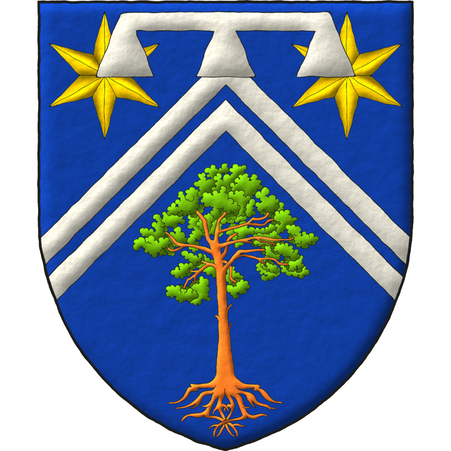Azure, two chevronels Argent between in chief two mullets of six points Or, and in base a Scots pine eradicated proper [Grant G0066]; the whole debruised by a three-point label Argent for difference.