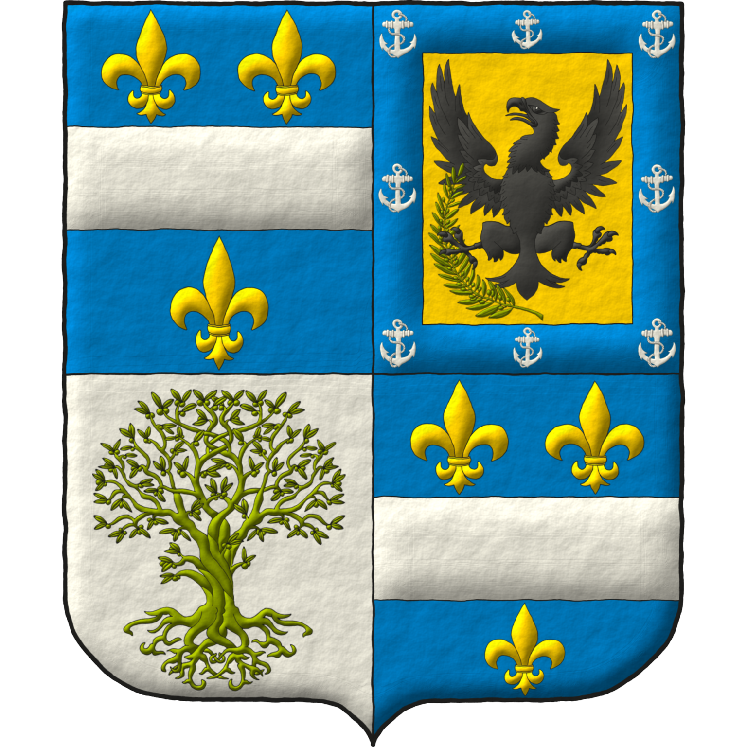 Quarterly: 1 and 4 Azure, a fess Argent between three fleurs de lis Or; 2 Or, an eagle displayed Sable grasping in its dexter talon an olive branch fructed Vert, all within a bordure Azure charged with eight anchors Argent; 3 Argent, an olive tree fructed Vert.