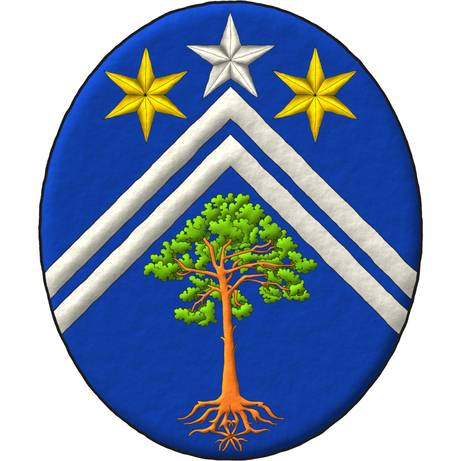 Azure, two chevronels Argent between in chief two mullets of six points Or, and in base a Scots pine eradicated proper [Grant G0066]; the whole debruised by a mullet Argent for difference.