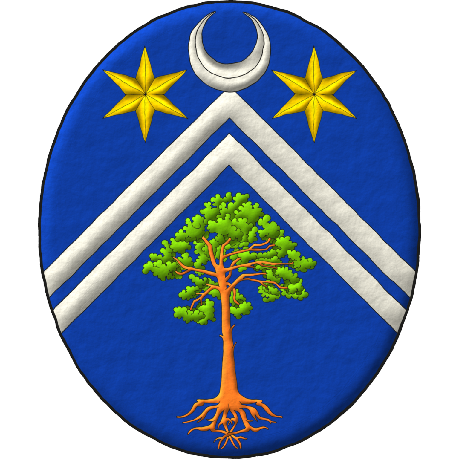 Azure, two chevronels Argent between in chief two mullets of six points Or, and in base a Scots pine eradicated proper [Grant G0066]; the whole debruised by a crescent Argent for difference.
