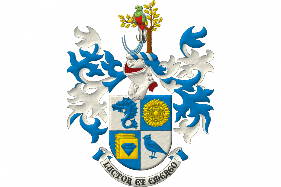 Quarterly: 1 Argent, a dolphin hauriant Azure; 2 Azure, a sunflower Or; 3 Azure, on a closed book Or a diamond Azure; 4 Argent, a lark Azure. Crest: Upon a helm with a wreath Argent and Azure a quetzal perched in a tree branch proper, leaved Or. Mantling: Azure doubled Argent. Motto: «Luctor et Emergo».