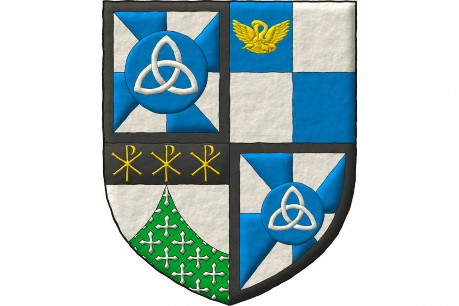 Quarterly: 1 and 4 gyronny Azure and Argent, on a hurt, a triquetra Argent; a bordure Sable; 2, quarterly Azure and Argent, in the 1st quarter, a pelican in her piety Or; 3 Argent chapé ployé Vert semé of crosses clechy Argent, on a chief Sable, three Chi Rho symbols Or.