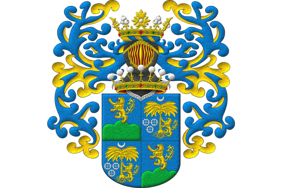 Quarterly: 1 and 4 Azure, on a trimount Vert, a lion rampant, crowned Or, langued and armed Or; 2 and 3 Azure, a palm tree eradicated, between in sinister a lion rampant supporting it Or, in dexter three millwheels, 2 and 1, and in chief a crescent Argent. Crest: Upon helm affronty Sable, barred Or, lined Gules, issuant from a crown of Baron above the shield and with a wreath Or and Azure, a crown of Marquis. Mantling: Azure doubled Or.