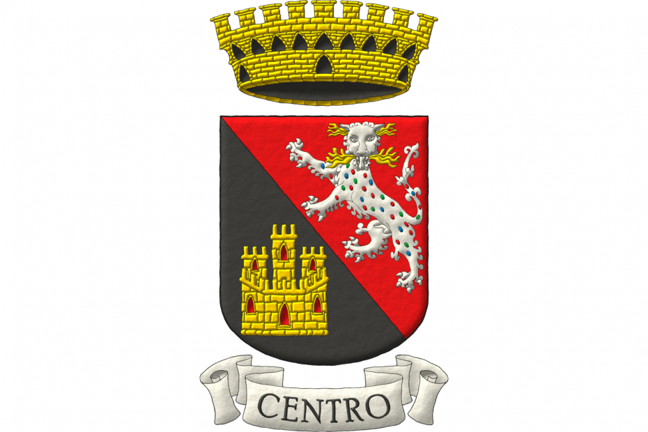 Party per bend: 1 Gules, a panther rampant guardant Argent, spotted Azure, Gules, and Vert, incensed Or; 2 Sable, a castle triple-towered Or, port and windows Gules, masoned Sable. Crest: A mural crown of village Or. Motto: «Centro».