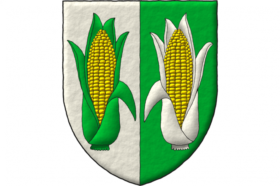 Party per pale Argent and Vert, two corn cobs leaved counterchanged and fructed Or.