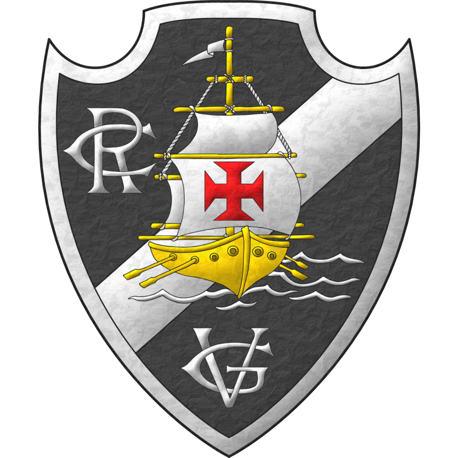 Sable, a bend sinister Argent debruised by a ship, oars in action Or, full sail, a pennant flying, cords, over the waves of the sea Argent, its mainsail charged with a cross patty Gules, between, in the dexter of the chief, a monogram RC, in the base a monogram VG, all within a bordure Argent.