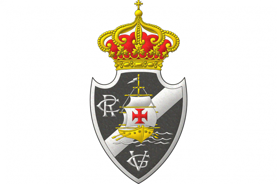Sable, a bend sinister Argent debruised by a ship, oars in action Or, full sail, a pennant flying, cords, over the waves of the sea Argent, its mainsail charged with a cross patty Gules, between, in the dexter of the chief, a monogram RC, in the base a monogram VG, all within a bordure Argent. Crest: A royal crown.
