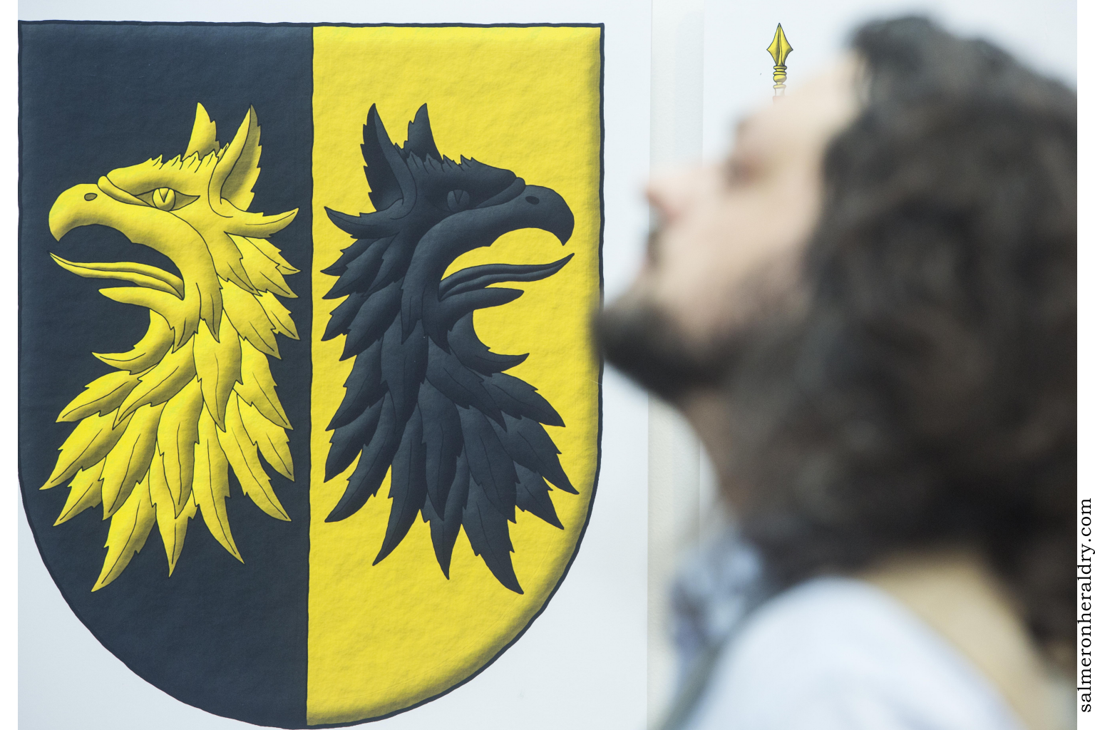 Party per pale Sable and Or, two griffins' heads eraticted, and addorsed counterchanged.