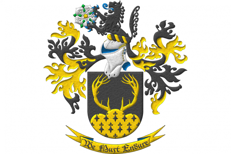 Sable, a stags' attires Or issuant from a trimount in base Erminois. Crest: Upon a helm, with a wreath Or and Sable, a demi-lion Sable, armed and langued Azure, supporting with both paws a rose Argent, barbed and seeded proper. Mantling: Sable doubled Or. Motto: «We must endure».