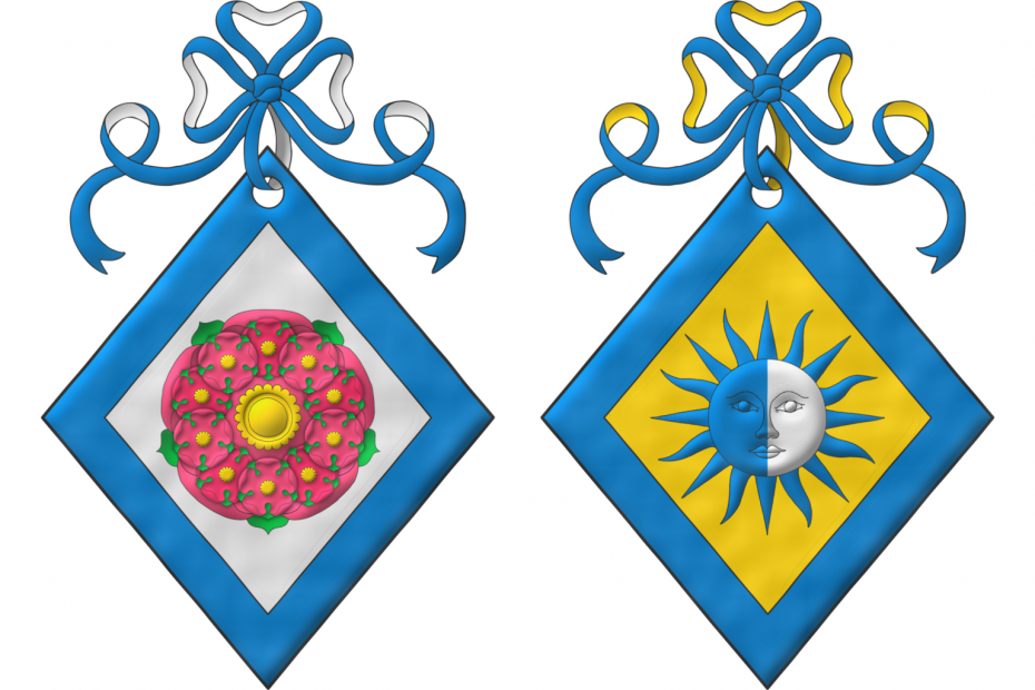 Argent, a multi-rose, which is a rose charged with ten roses conjoined in orle Rose, barbed Vert, seeded Or; a bordure Azure. Crest: A ribbon Azure doubled Argent. Or, a sun in splendour party per pale Azure and Argent, its rays Azure; a bordure Azure. Crest: A ribbon Azure doubled Or.