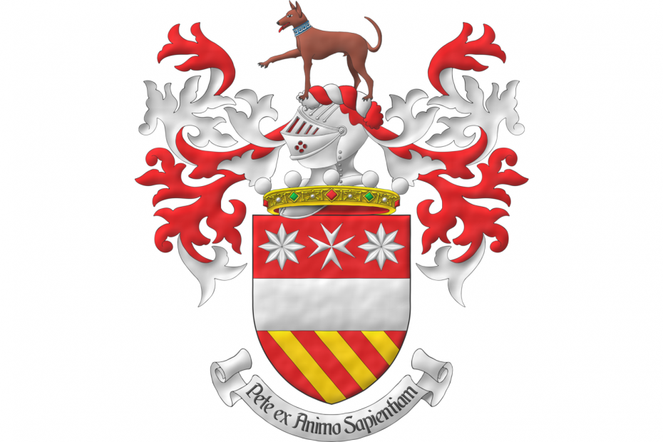 Gules, a fess between, in chief a Maltese cross between two mullets of eight Argent, in base three bendlets Or. Crest: Upon a helm issuant from a crown of Noble above the shield a with a wreath Argent and Gules, a Cirneco dell’Etna hound passant proper, gorged of a collar of meanders motifs Azure and Argent. Mantling: Gules doubled Argent. Motto: «Pete ex Animo Sapientiam».